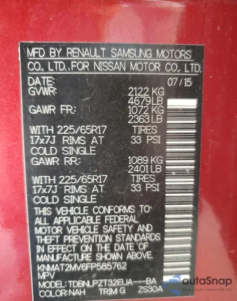 2015 Nissan Rogue S from USA, damaged, VIN KNMAT2MV6FP585762